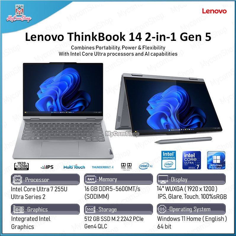 LENOVO THINKBOOK 14 2-IN-1 GEN 5 ULTRA 7 255U 16GB RAM 512GB SSD INTEL 14" WUXGA IPS TOUCH