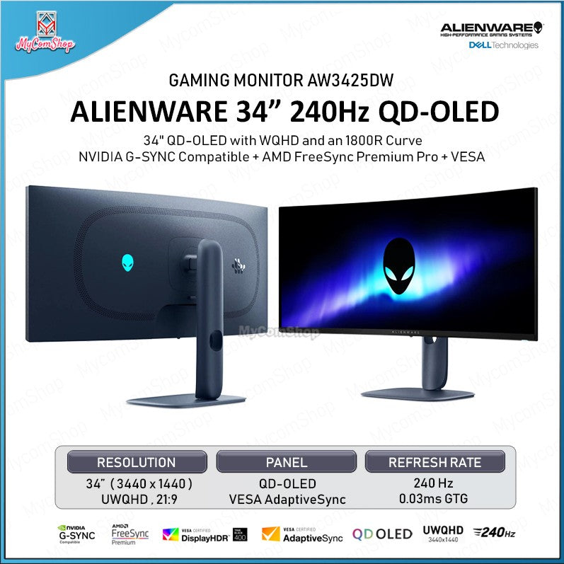 DELL ALIENWARE GAMING MONITOR AW3425DW ULTRAWIDE QHD 34 QD-OLED 240HZ 1800R CURVED NVIDIA G-SYNC AMD FREESYNC
