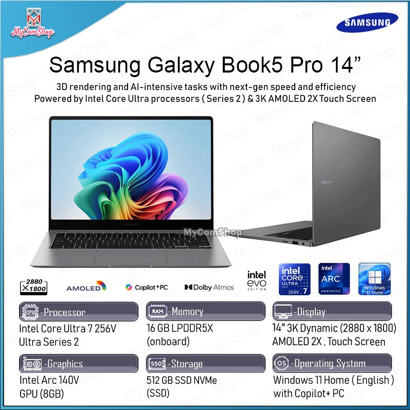 SAMSUNG GALAXY BOOK5 PRO ULTRA 7-256V 16GB RAM 512GB SSD INTEL ARC 140V 8GB 14" 3K AMOLED 2X TOUCH