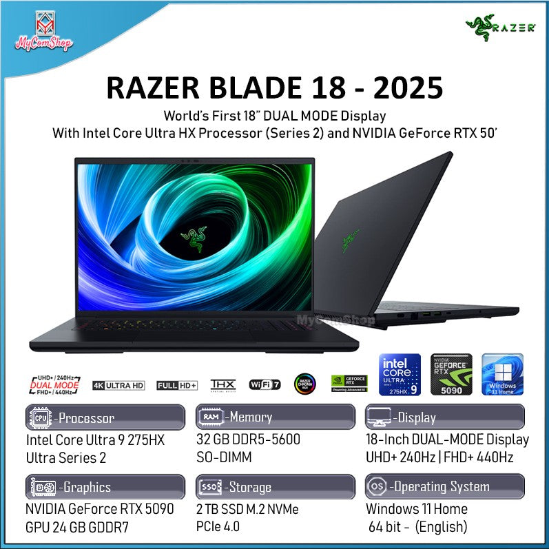 RAZER BLADE 18 2025 ULTRA 9 275HX 32GB RAM 2TB SSD RTX 5090 24GB 18-INCH DUAL MODE 4K UHD FHD 440HZ