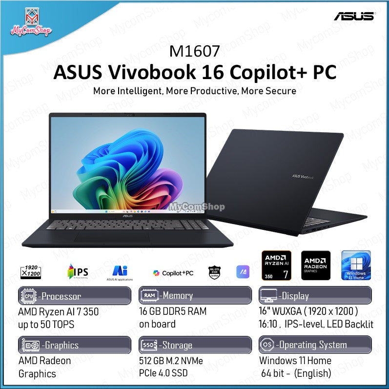 ASUS VIVOBOOK 16 M1607 RYZEN AI 350 16GB RAM 512GB SSD AMD RADEON 16" FHD+ IPS