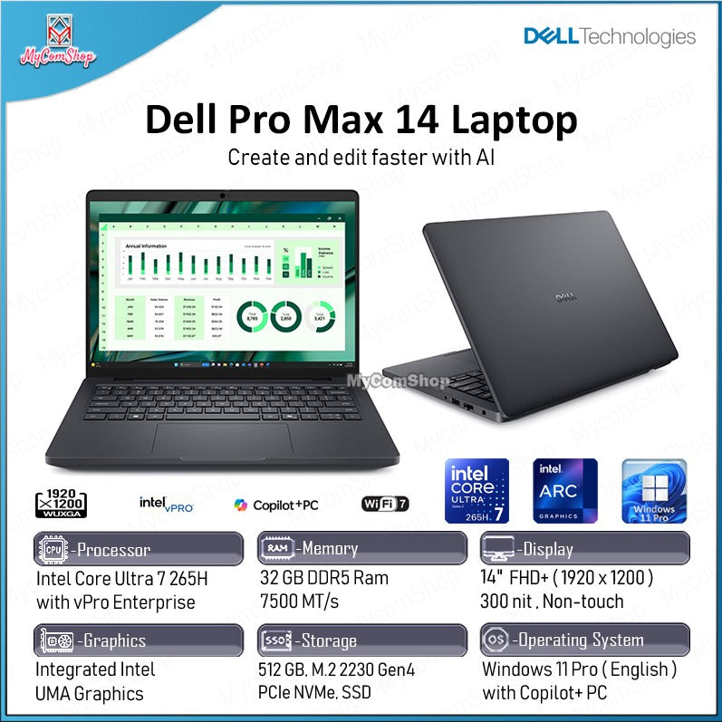 DELL PRO MAX 14 ULTRA 7 265H 32GB RAM 512GB SSD INTEL GRAPHICS 14" FHD+