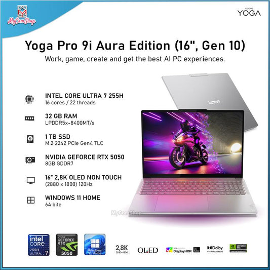 LENOVO YOGA PRO 9I AURA EDITION GEN 10 INTEL CORE ULTRA 7 255H 32GB RAM 1TB SSD RTX 5050 8GB 16-INCH 2,8K OLED NON TOUCH