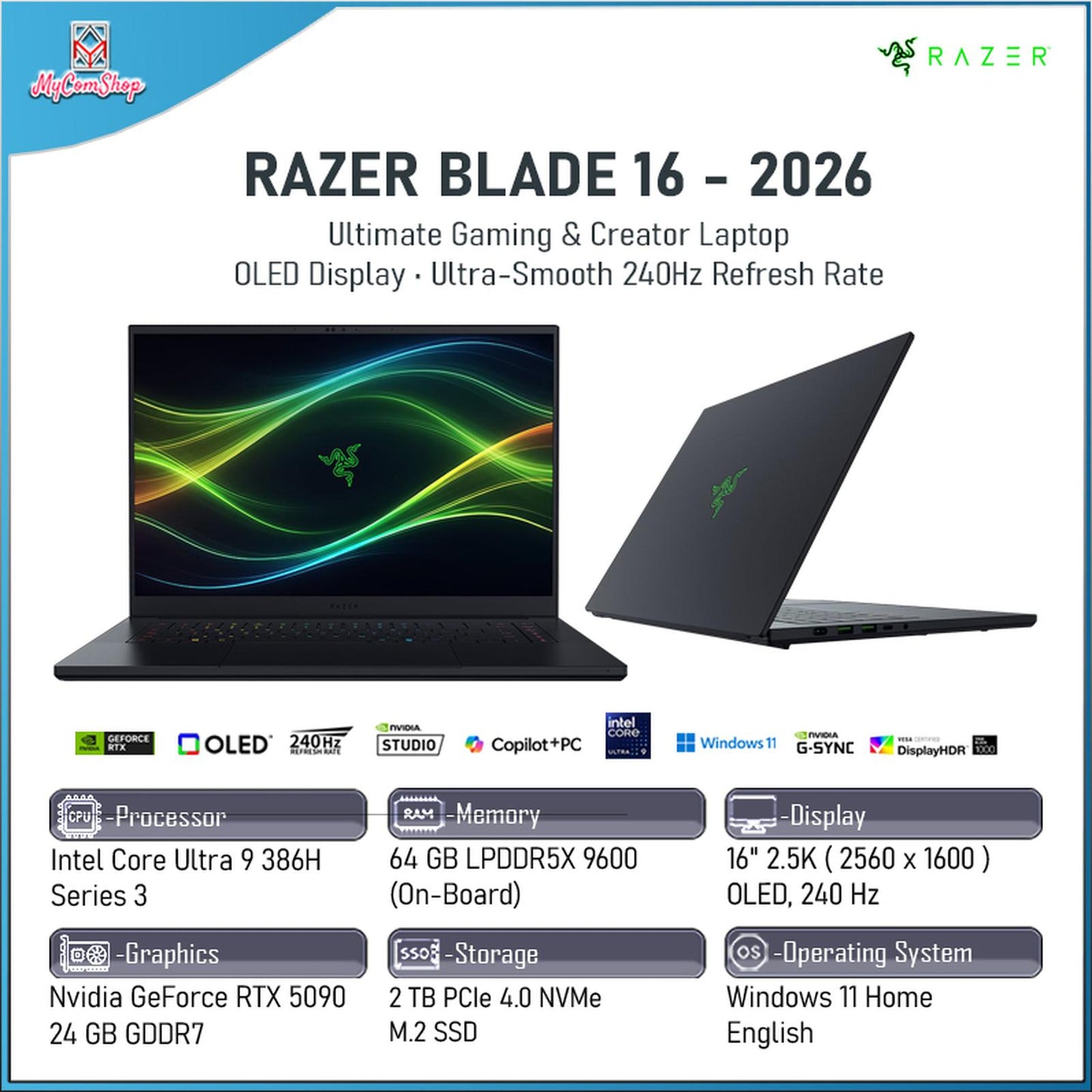 RAZER BLADE 16 2026 ULTRA 9 386H 64GB RAM 2TB SSD RTX 5090 24GB VRAM 16" OLED WQXGA 240HZ
