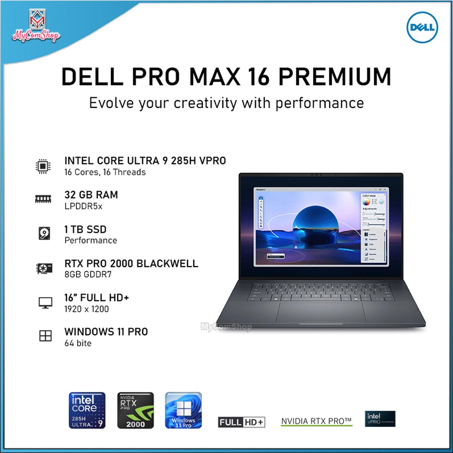 DELL PRO MAX 16 PREMIUM MA16250 ULTRA 9 285H 32GB RAM 1TB SSD RTX PRO 2000 8GB 16" FHD+