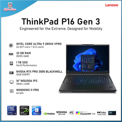 LENOVO THINKPAD P16 GEN 3 ULTRA 9 285HX 32GB RAM 1TB SSD NVIDIA RTX PRO 3000 BLACKWELL 12GB 16" WQUXGA IPS DISPLAY