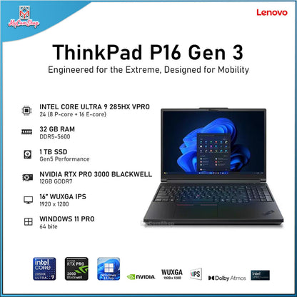 LENOVO THINKPAD P16 GEN 3 ULTRA 9 285HX 32GB RAM 1TB SSD NVIDIA RTX PRO 3000 BLACKWELL 12GB 16" WUXGA IPS DISPLAY