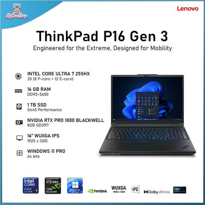LENOVO THINKPAD P16 GEN 3 ULTRA 7 255HX 16GB RAM 1TB SSD NVIDIA RTX PRO 1000 BLACKWELL 8GB 16" WUXGA IPS DISPLAY
