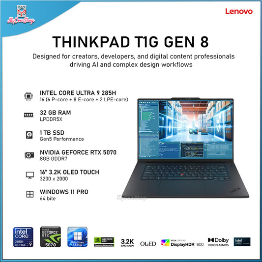 LENOVO THINKPAD T1G GEN 8 ULTRA 9 285H 32GB RAM 1TB SSD RTX 5070 8GB 16" 3.2K OLED TOUCH SCREEN DISPLAY