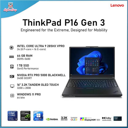 LENOVO THINKPAD P16 GEN 3 ULTRA 9 285HX 64GB RAM 1TB SSD NVIDIA RTX PRO 5000 BLACKWELL 24GB 16" 3.2K TANDEM OLED