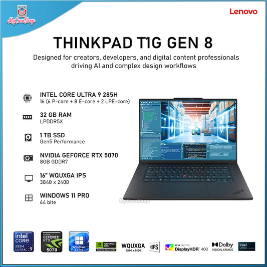 LENOVO THINKPAD T1G GEN 8 ULTRA 9 285H 32GB RAM 1TB SSD RTX 5070 8GB 16" WQUXGA IPS DISPLAY