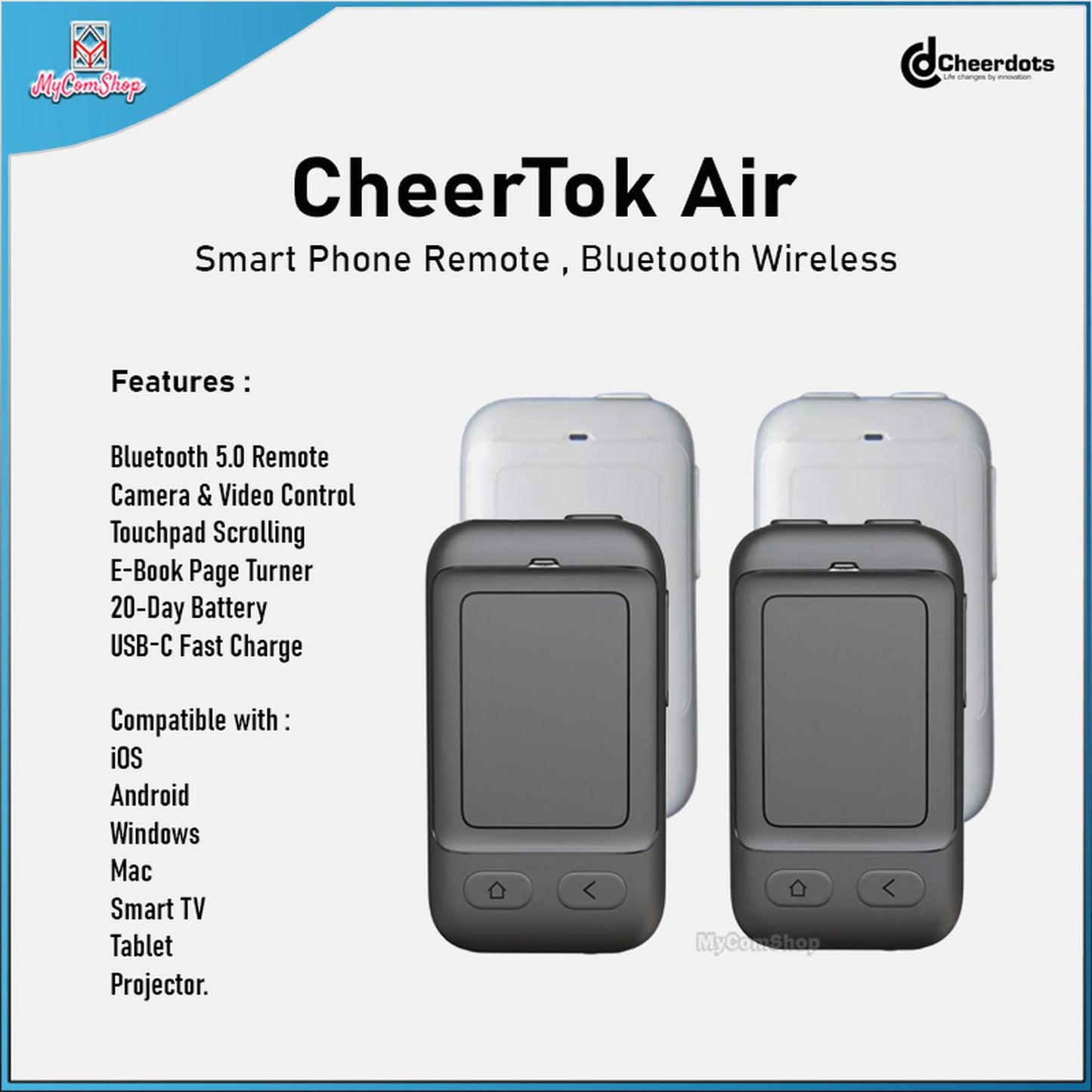 CHEERTOK AIR SMART PHONE REMOTE BLUETOOTH WIRELESS TIKTOK SCROLLING CONTROL CAMERA VIDEO RECORDING