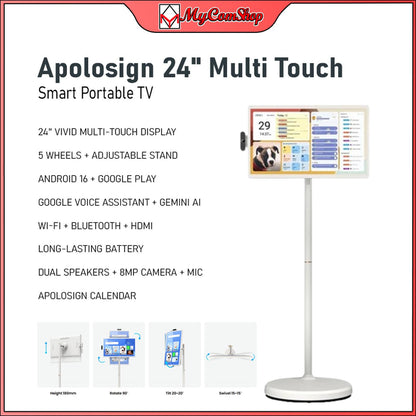 APOLOSIGN 24 INCH SMART PORTABLE TV FHD TOUCHSCREEN ANDROID 16 GEMINI AI 8MP CAMERA
