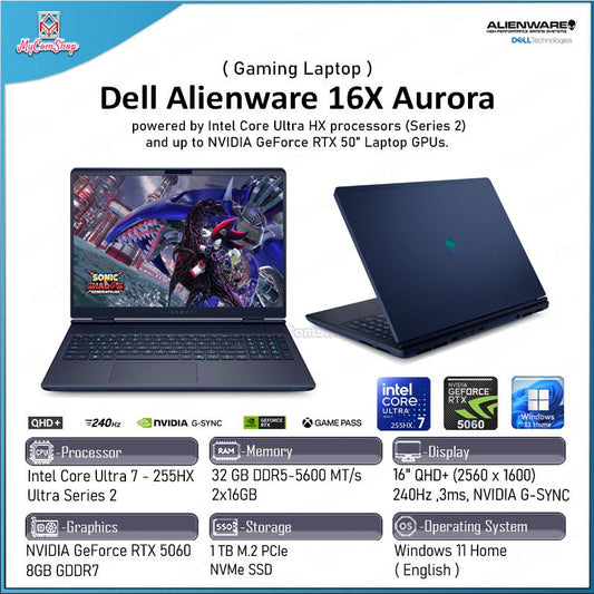 DELL ALIENWARE 16X AURORA GAMING LAPTOP ULTRA 7 255HX 32GB RAM 1TB SSD RTX 5060 8GB 16" QHD+ 240HZ