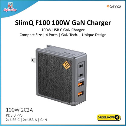 SLIMQ F100 100W GAN CHARGER USB C CHARGER PD3.0 FAST CHARGING FOR LAPTOP TABLET PHONES ACC