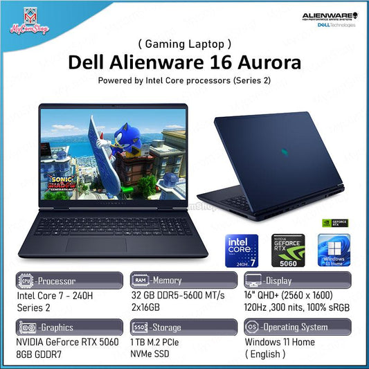 DELL ALIENWARE 16 AURORA GAMING LAPTOP INTEL CORE 7 240H 32GB RAM 1TB SSD RTX 5060 8GB 16" QHD+ 120HZ