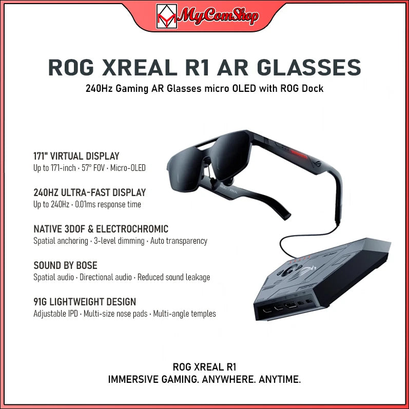 ASUS ROG XREAL R1 GAMING AR GLASSES MICRO OLED 240HZ 0.01MS 171" 3DOF SOUND BY BOSE