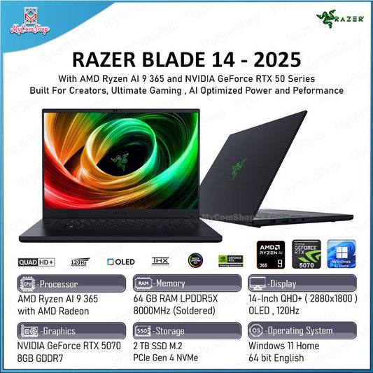 RAZER BLADE 14 2025 RYZEN AI 9 365 64GB RAM 2TB SSD RTX 5070 8GB VRAM 14-INCH QHD+ OLED 120HZ