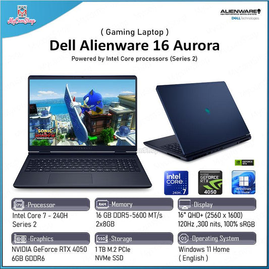 DELL ALIENWARE 16 AURORA GAMING LAPTOP INTEL CORE 7 240H 16GB RAM 1TB SSD RTX 4050 6GB 16" QHD+ 120HZ