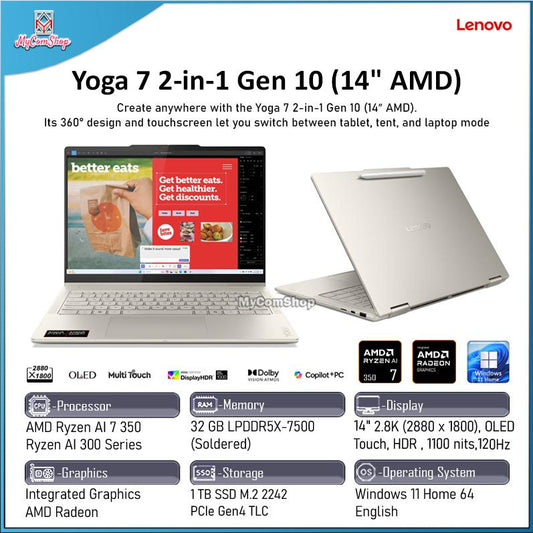 LENOVO YOGA 2-IN-1 GEN 10 RYZEN AI 7 350 32GB RAM 1TB SSD AMD RADEON 14" OLED 2,8K TOUCH SCREEN 120HZ