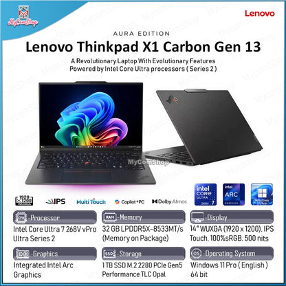LENOVO THINKPAD X1 CARBON GEN 13 AURA EDITION ULTRA 7 268V 32GB RAM 1TB SSD INTEL ARC GRAPHICS 14" WUXGA IPS TOUCH
