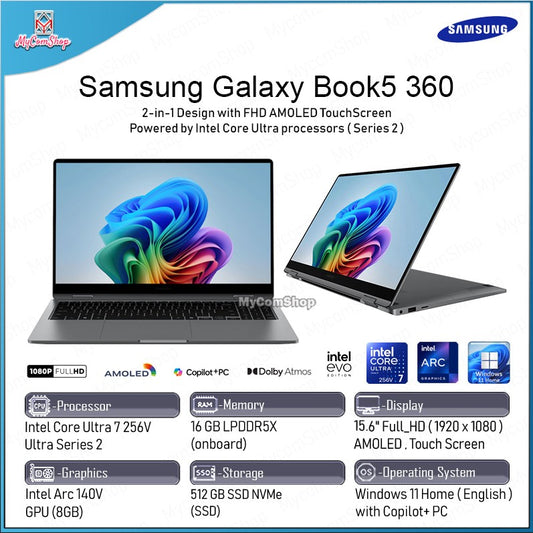 SAMSUNG GALAXY BOOK5 360 2-IN-1 LAPTOP ULTRA 7-256V 16GB RAM 512GB SSD INTEL ARC 140V 8GB 15" FHD AMOLED