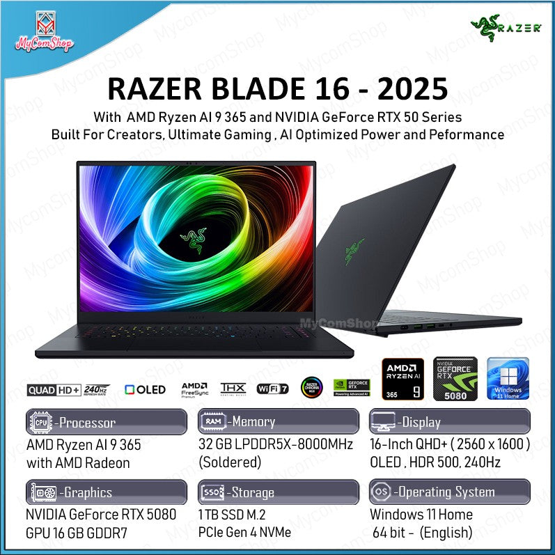RAZER BLADE 16 2025 RYZEN AI 9 365 32GB RAM 1TB SSD RTX 5080 16GB 16-INCH OLED QHD+ 240HZ