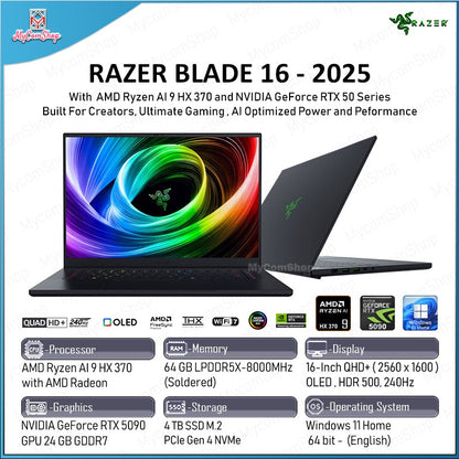 RAZER BLADE 16 2025 RYZEN AI 9 HX 370 64GB RAM 4TB SSD RTX 5090 24GB 16-INCH OLED QHD+ 240HZ