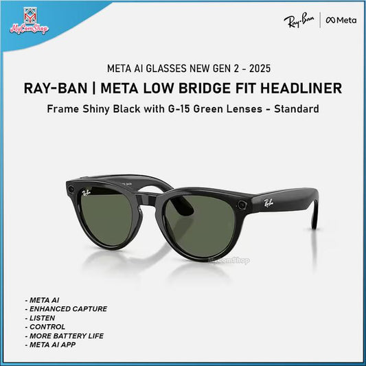 RAY-BAN META LOW BRIDGE FIT HEADLINER AI SUNGLASSES GEN 2 STANDARD SHINY BLACK WITH G-15 GREEN SOLID LENSES