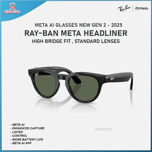 RAY-BAN META HEADLINER AI SUNGLASSES GEN 2 STANDARD LENSES HIGH BRIDGE FIT WITH SHINY BLACK G-15 GREEN LENSES