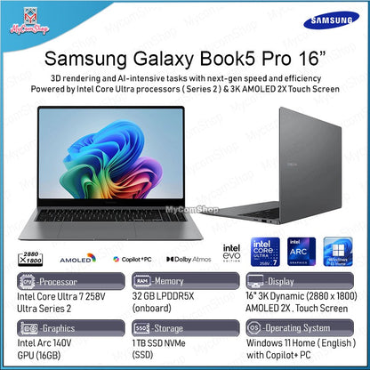 SAMSUNG GALAXY BOOK5 PRO ULTRA 7-258V 32GB RAM 1TB SSD INTEL ARC 140V 16GB 16" 3K AMOLED 2X TOUCH