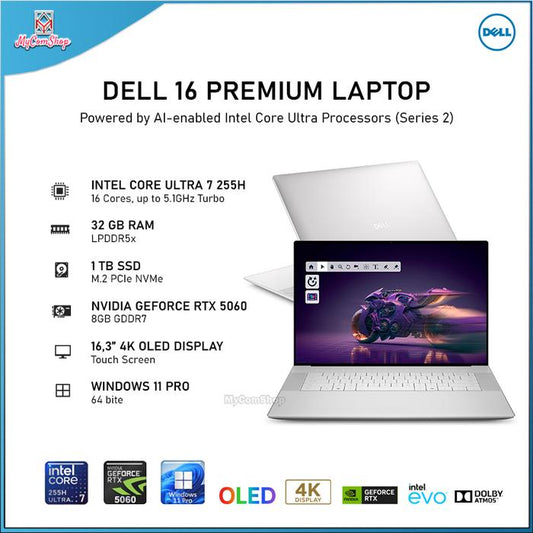 DELL 16 PREMIUM LAPTOP DA16250 ULTRA 7 255H 32GB RAM 1TB SSD RTX 5060 8GB 16,3" OLED 4K ULTRA-HD TOUCH SCREEN